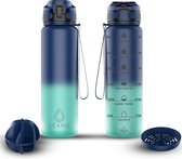 Lekro Waterfles met Tijdmarkeringen - Motiverende Drinkfles Met Fruitfilter en Shake Bal/Shaker - 1 Liter - BPA vrij - Blauw