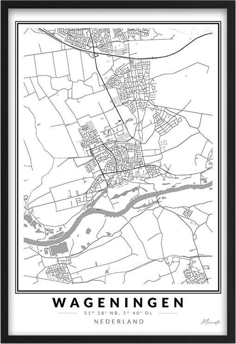 Poster Stad Wageningen - A2 - 42 x 59,4 cm - Inclusief lijst (Zwart Aluminium) Citymap - Stadsposter - Plaatsnaam poster Wageningen - Stadsplattegrond
