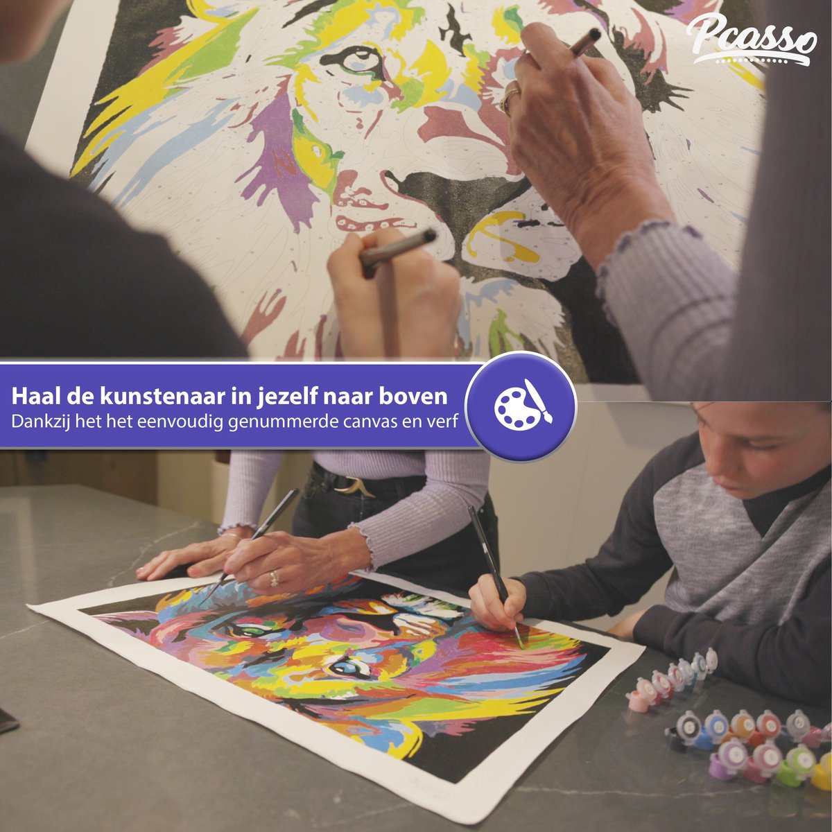 Pcasso ® Leeuw - Incl. 3 Penselen & Geschenkverpakking - Schilderen Op Nummer - Schilderen Op Nummer Volwassenen & Kinderen – Schilderen Op Nummer Dieren – Kleuren Op Nummer – 30x40 cm — afbeelding 6