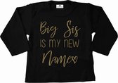 T-Shirt voor een grote zus-Bekendmaking zwangerschap-big sis is my new name-zwart-goud-Maat 80