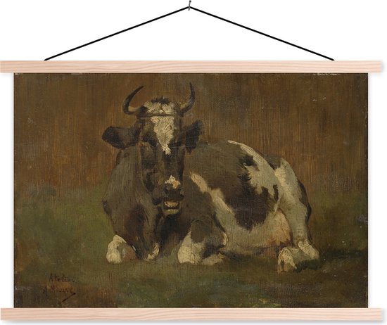 Posterhanger incl. Poster - Schoolplaat - Liggende koe - Schilderij van Anton Mauve - 150x100 cm - Blanke latten