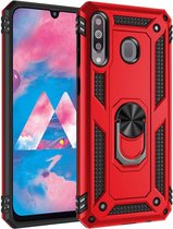 Huawei Y6P 2020 Stevige Magnetische Anti shock ring back cover case- schokbestendig-TPU met stand – Rood + Gratis screenprotector