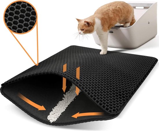 Behave Kattenbakmat - Dubbele laag - Honingraatdesign - Waterdicht - Katten grit opvanger - Schoonloopmat - Kattenbak mat - Zwart - 55*75 cm