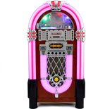 Roze jukebox met verlichte randen, houten kast, chromen details en sfeerverlichting.