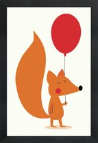 JUNIQE - Poster met houten lijst Fox with a Red Balloon -13x18 /Oranje