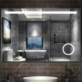 LED badkamerspiegel 100 × 60 cm wandspiegel met klok, touch, condensvrij, 3-voudige vergroting Make-up spiegel IP44 koud wit, energiebesparend