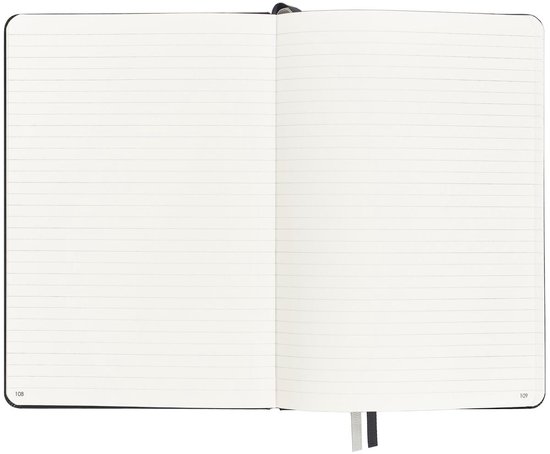 Open donkergroen notitieboek met blanco gelijnde pagina's, paginanummers 108 en 109, en donkere bladwijzers.