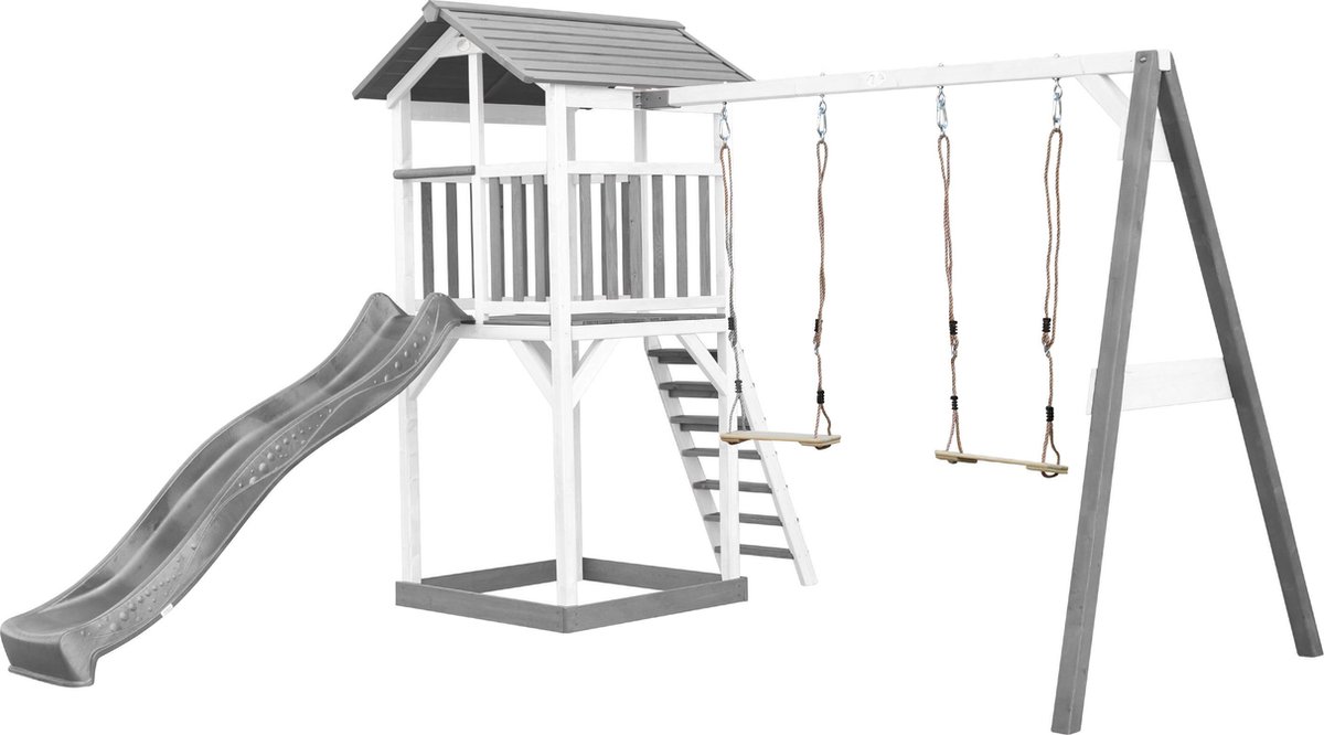 AXI Beach Tower Speeltoestel in Grijs/Wit - Speeltoren met Zandbak, Dubbele Schommel en Grijze Glijbaan - FSC hout - Speelhuis op palen voor de tuin — afbeelding 2