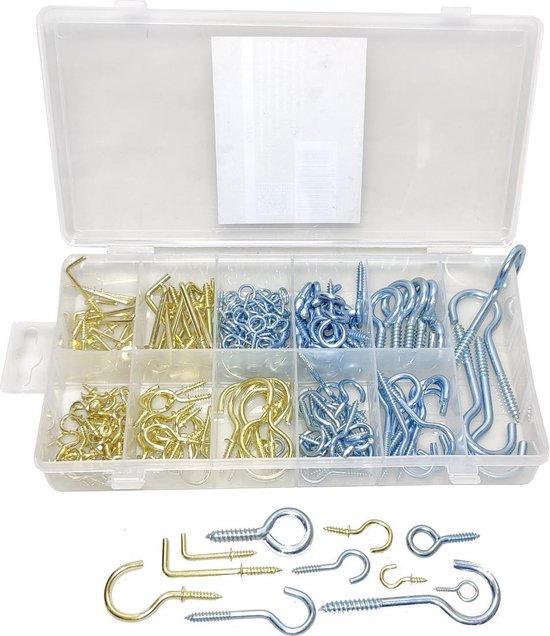 Schroefhaken en ogen assortiment in een transparante koffer met gouden en zilveren haken en schroeven.