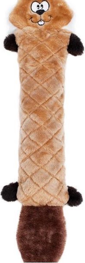 Bruine, ruitvormige knuffel met eekhoornkop, zwarte pootjes en bruine staart.