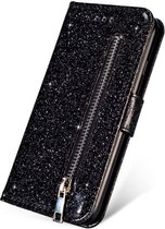 Bookcase hoesje Geschikt voor: Samsung Galaxy A51 Glitter Bookcase met rits - - portemonnee hoesje - Zwart