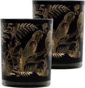 Set van 3x stuks theelichthouder/waxinelichthouder glas zwart 12 cm papegaai print - Windlichtjes/kaarsenhouders