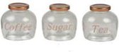 Glazen voorraad potjes Suiker, Thee, Koffie - Brons - Glas / Metaal - 400 ml - 3 Delig