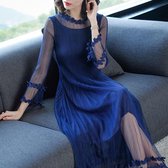 Temperament Lace geborduurde jurk met lange mouwen (kleur: blauw Maat: One size)-Blauw