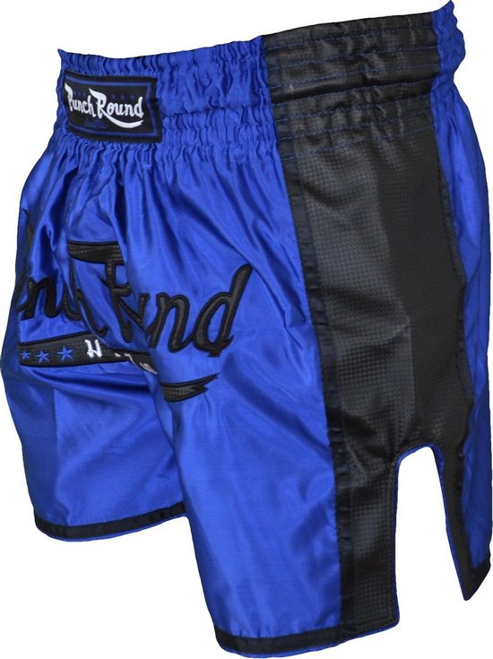 Blauwe vechtsportbroek met zwart logo 'Punch Round' en zwarte zijkanten.
