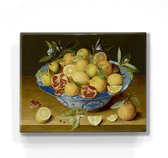 Stilleven met citroenen, sinaasappels en een granaatappel - Jacob van Hulsdonck - 24 x 19,5 cm - Niet van echt te onderscheiden houten schilderijtje - Mooier dan een schilderij op