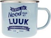 Mok - Top vent - Luuk - Geëmailleerd - Gevuld met een verpakte toffeemix - In cadeauverpakking