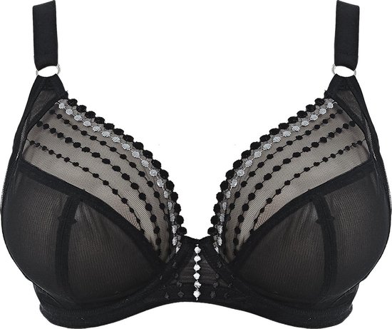 Zwarte plunge beha met doorschijnende cups versierd met verticale stippenlijnen en sierrand.