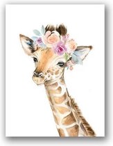 Kinderkamer decoratie schilderij schattig dierenkop met bloem frameloze schilderij kern, afmeting: 30x40cm (giraf)