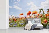 Behang - Fotobehang Close-Up van korenbloemen en papaver - Breedte 330 cm x hoogte 220 cm