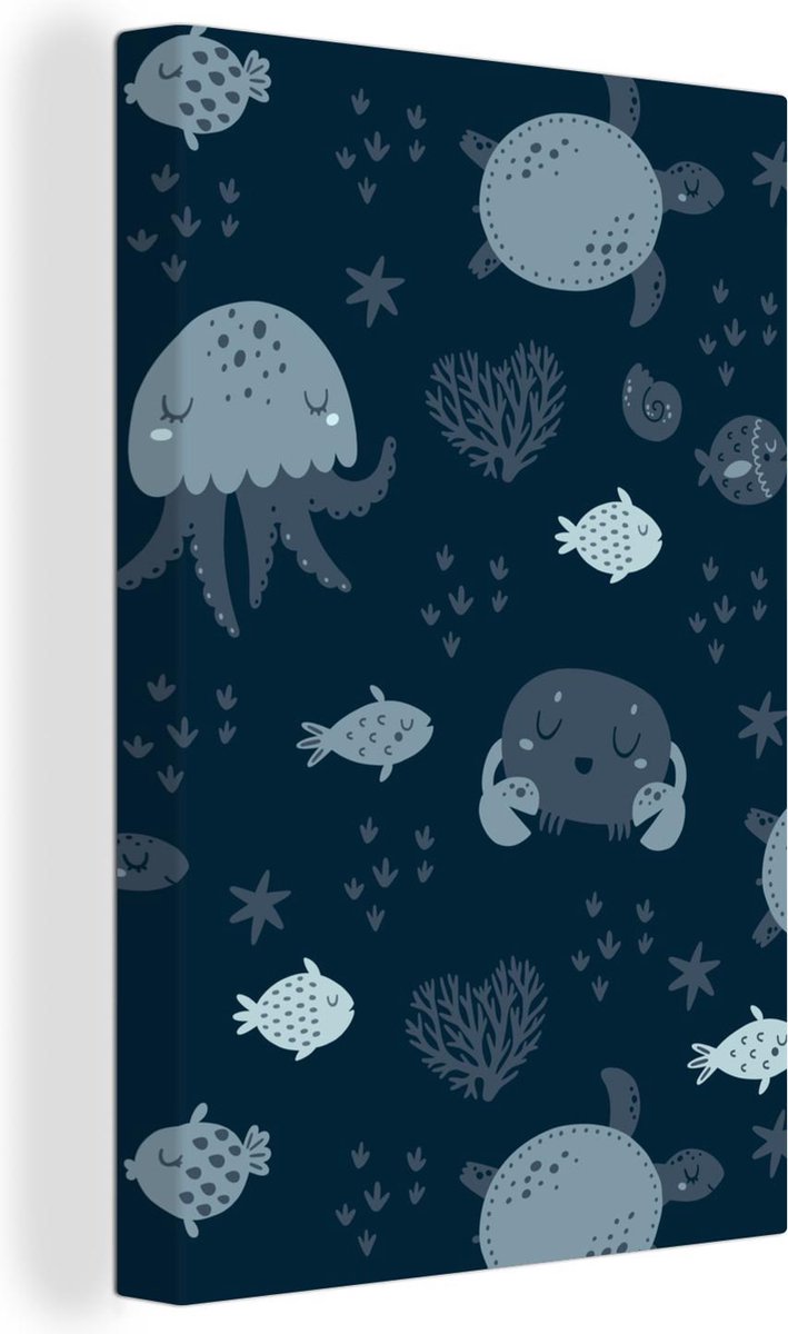 Canvas Schilderij Schildpad - Zeedieren - Patroon - Jongens - Jongetje - Baby - 20x30 cm - Wanddecoratie