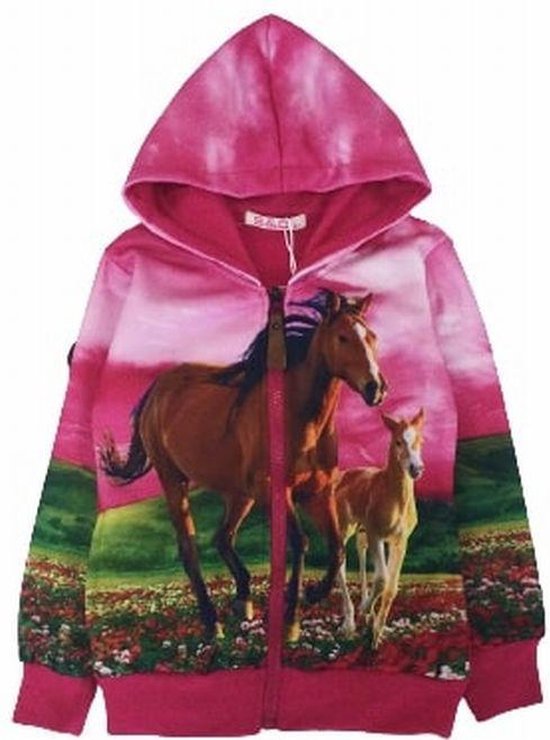 S&C vest met paarden - paard met veulen - roze
