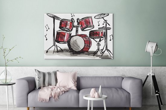Canvas schilderij 180x120 cm - Wanddecoratie Illustratie van een tekening van een drumstel - Muurdecoratie woonkamer - Slaapkamer decoratie - Kamer accessoires - Schilderijen op canvas