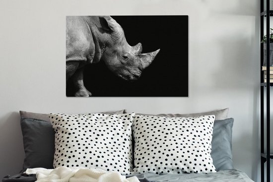 Peintures sur toile - Portrait photo rhinocéros sur fond noir en noir et blanc - 60x40 cm - Décoration murale