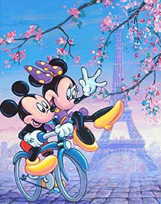 plastic eigendom hardware Diamond painting 40 x 50 cm Mickey Minnie Mouse lachend op de fiets in  parijs... | bol.com