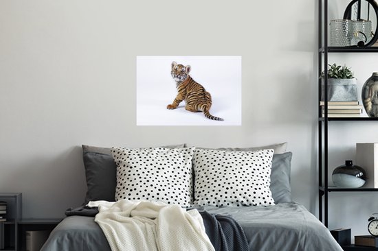 Sticker Muursticker Tigre sur fond blanc - Bébé tigre assis sur fond blanc - 60x40 cm - Film adhésif autocollant - Sticker mural repositionnable