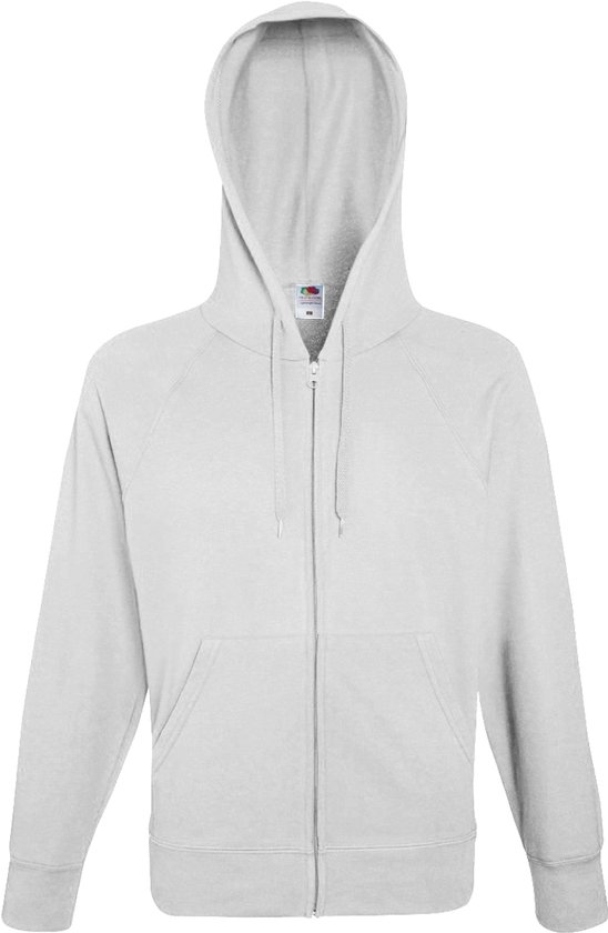 Lichtgrijze rits-capuchonsweatshirt, van voren bekeken, met lange raglanmouwen en een kangoeroezak.