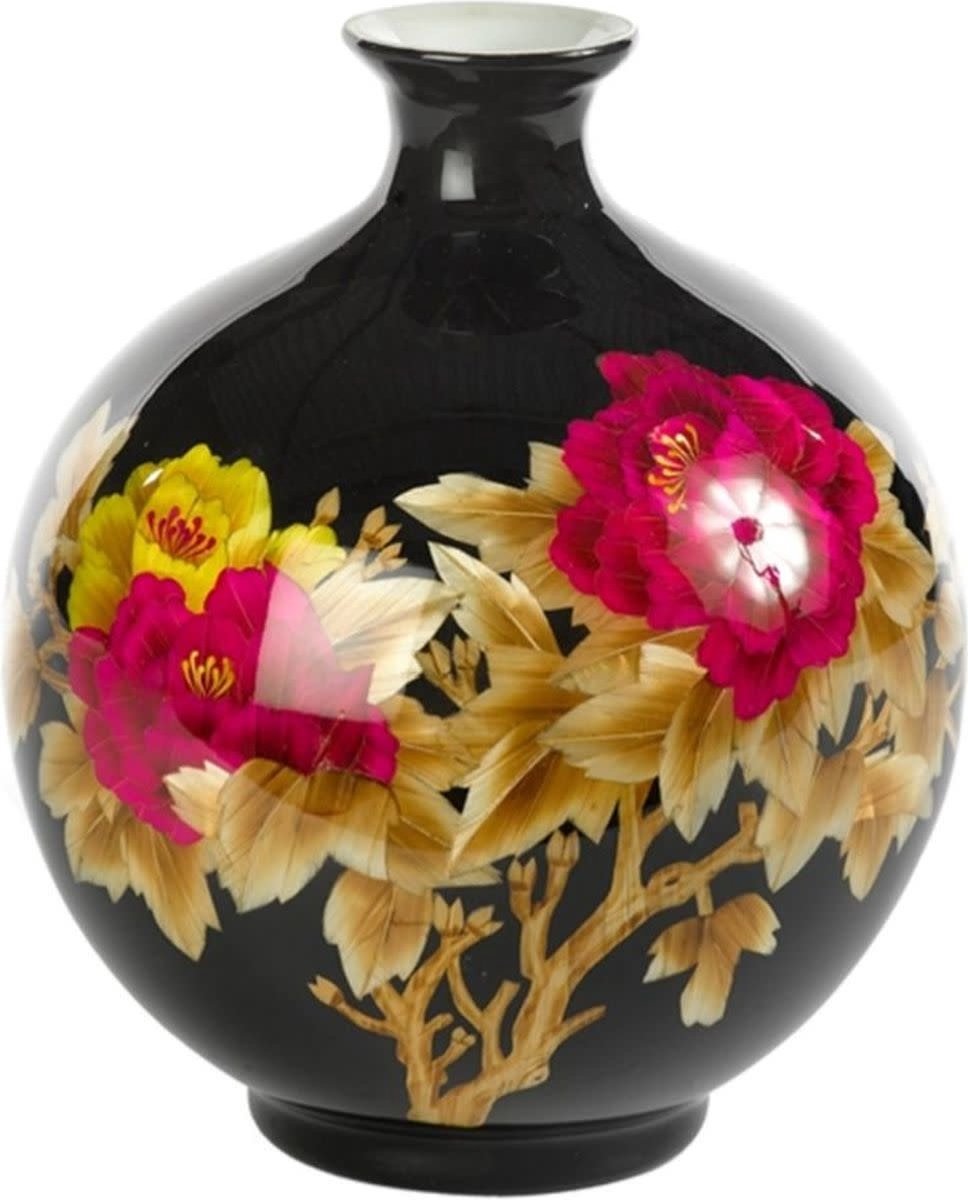 Fine Asianliving Chinese Vaas Porselein Handgemaakt Pioenrozen Zwart H29.5cm
