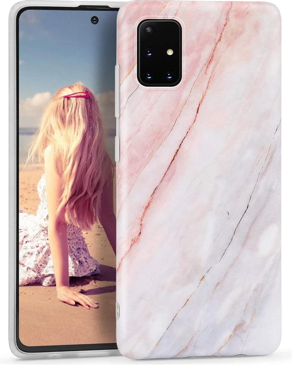 Geschikt voor Samsung Galaxy A71 hoesje - Roze / Blauw- Marmer - Soft TPU