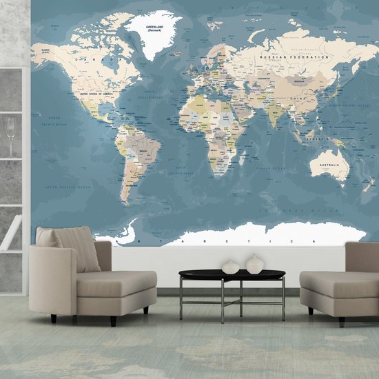 Carte du monde vintage avec frontières, villes et océans dans des tons bleu-gris. Inclut l'Alaska, le Groenland et la Russie.