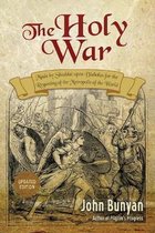 Boekcover 'The Holy War' van John Bunyan, met een afbeelding van een gevecht tussen engelen en demonen.