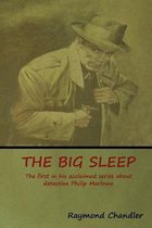 Boekomslag met illustratie van een man in een trenchcoat en hoed die een pistool pakt. Titel: THE BIG SLEEP.
