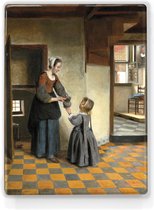 Een vrouw met een kind in een bijkeuken - Pieter de Hooch - 19,5 x 26 cm - Niet van echt te onderscheiden schilderijtje op hout - Mooier dan een print op canvas - Laqueprint.