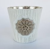 Theelicht - glas - wit / zilver - 10 x 10 cm