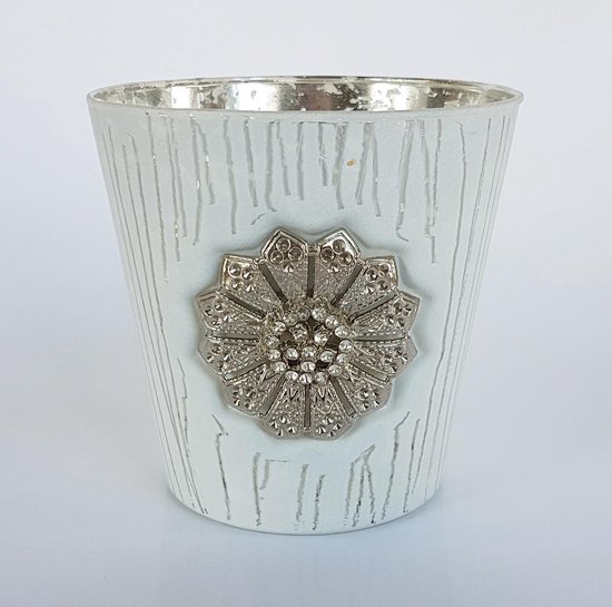 Theelicht - glas - wit / zilver - 10 x 10 cm