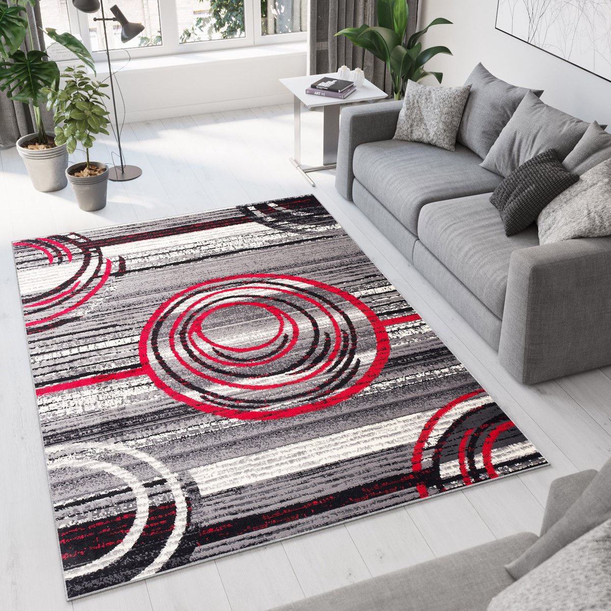 Tapiso Dream Vloerkleed Grijs Rood Cirkels Modern Woonkamer Tapijt Maat- 180x250
