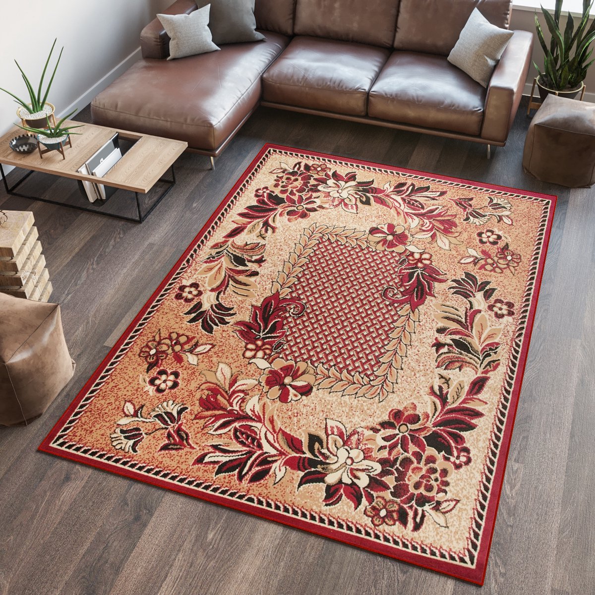 Tapiso Atlas PP Vloerkleed Rood Beige Woonkamer Kleed Tapijt Maat- 140x200