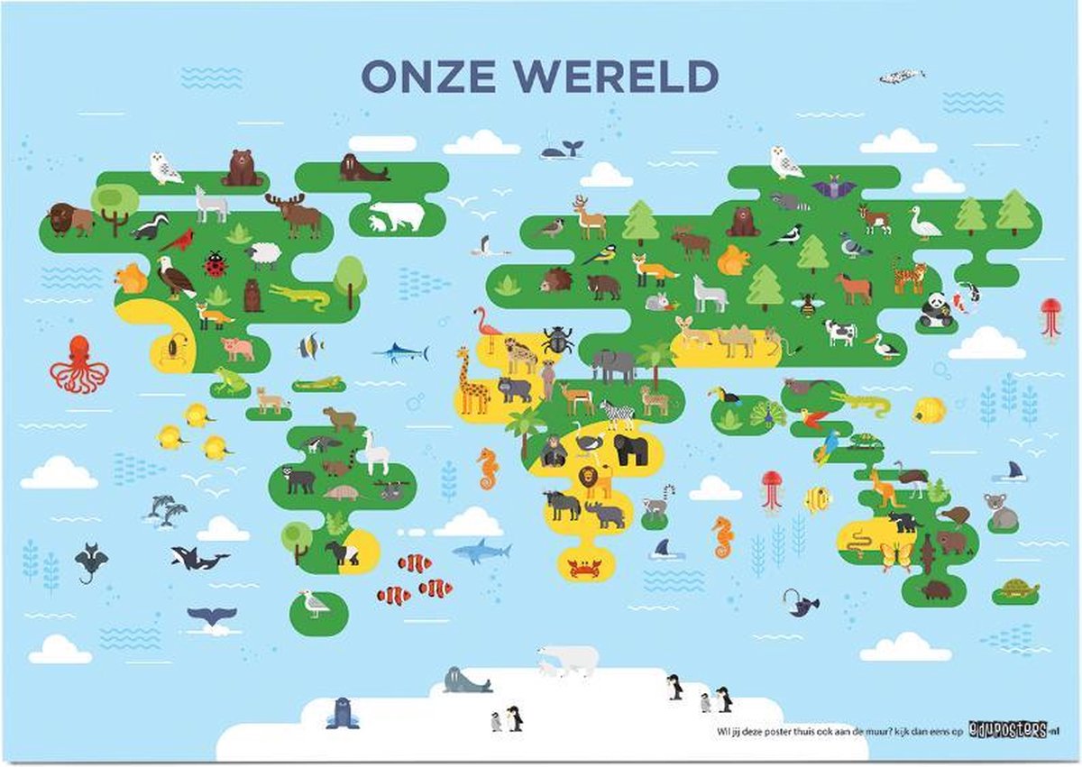 Educatieve poster (Posterpapier) - Topografie wereld onze dieren - 70 x 50 cm (B2)