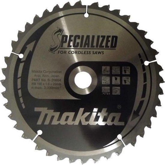 Afkortzaag - Makita B-20694 Specialized Cirkelzaagblad - 190 x 20 x 40T - Hout