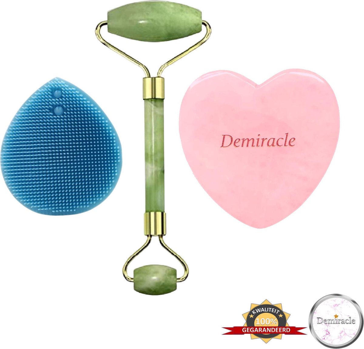 Demiracle® Face Roller & Gua Sha Love Bundle met Blauwe Siliconen Gezichtsborstel – Jade – Rose Quartz – Face Rollers – Gezichtsmassage – Massagetools – Massage - Ontspanning – Kwaliteit