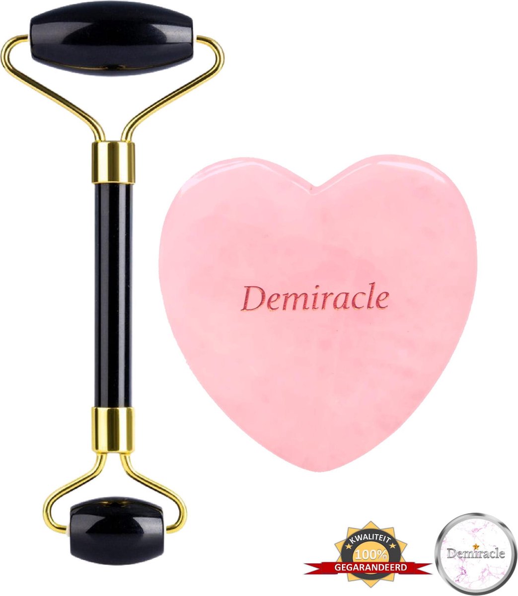 Demiracle® Face Roller & Gua Sha Love Bundle – Black Obsidian – Rose Quartz – Face Rollers – Gezichtsmassage – Massagetools – Massage - Ontspanning – Kwaliteit
