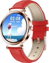 Belesy® CHIQUE - Smartwatch Dames - Horloge - 1.3 inch - Kleurenscherm - Stappenteller - Bloeddruk - Hartslag - 25 Wijzerplaten – Sporten – Goud – Leer - Rood