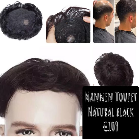 Toupet Mannen Haarstuk Hair Topper deel pruik natuurlijk zwart 100%echt haar  human hair | bol.com
