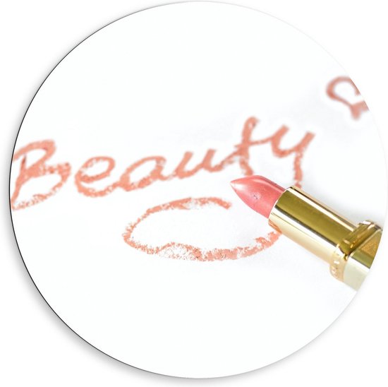 Dibond Wandcirkel - ''Beauty'' geschreven met Lippenstift - 80x80cm Foto op Aluminium Wandcirkel (met ophangsysteem)