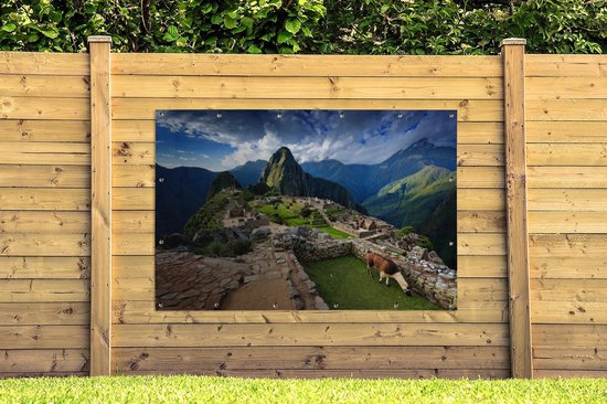 Affiche de jardin Lama au Machu Picchu toile en vrac 180x120 cm - Toile de jardin / Toile d'extérieur / Peintures d'extérieur (décoration de jardin) XXL / Groot format!