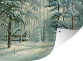 Muurdecoratie buiten Sneeuw - bos - Hut - 160x120 cm - Tuindoek - Buitenposter